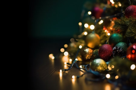 Christmas tree with colourful balls and ornaments on dark background. Selective focus, Generative Aiの素材