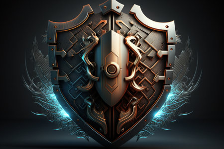 Digital illustration of a shield in black and blue colour against dark backgroundの素材