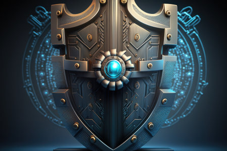 3d illustration of shield with blue light and crown in the backgroundの素材
