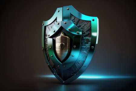 Cyber security concept. Shield and padlock. 3D illustrationの素材