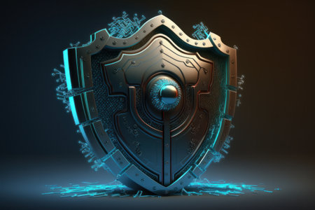 Cyber security concept. Shield on dark background. 3D renderingの素材