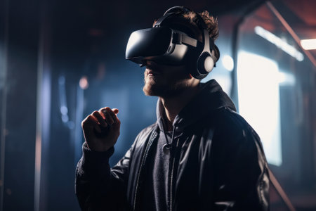 Young man wearing virtual reality goggles. Future technology and entertainment concept.の素材