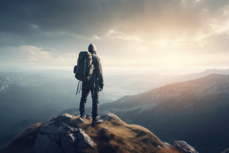Hiker with backpack standing on top of the mountain and looking at the sunsetの素材