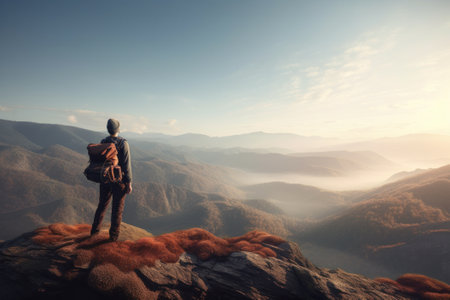 Hiker with backpack standing on top of a mountain and looking into the distanceの素材