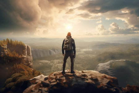Man with backpack standing on edge of cliff and looking at sunrise.の素材