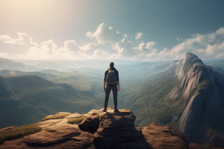 Man with backpack standing on the edge of cliff and looking into the distanceの素材
