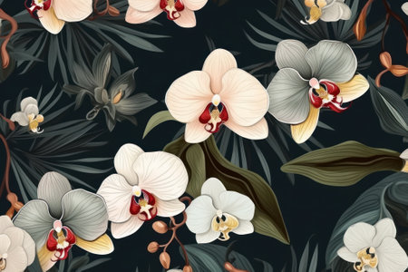 Seamless pattern with orchids and palm leaves. Digital illustration.の素材