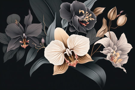 3d illustration of orchid flowers on a black background. Digital illustration.の素材