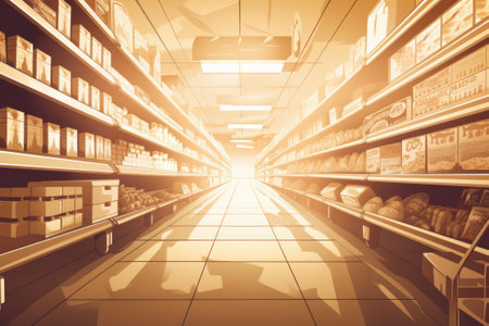 Supermarket aisle with shelves full of products, 3d rendering toned imageの素材