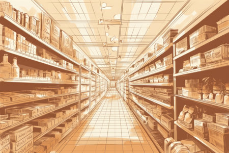 Supermarket shelves with goods in retro style. 3D illustration.の素材