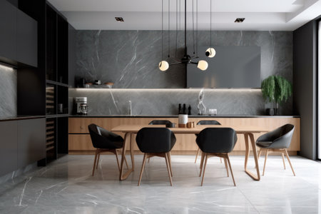 Interior of modern kitchen with white and black walls, tiled floor, gray countertops and bar with stools. 3d renderingの素材