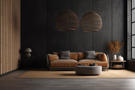 Interior of modern living room with gray walls, wooden floor, brown sofa and coffee table. 3d renderingの素材