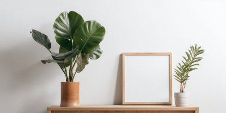 Mock up frame on wooden shelf with houseplant on white wall backgroundの素材
