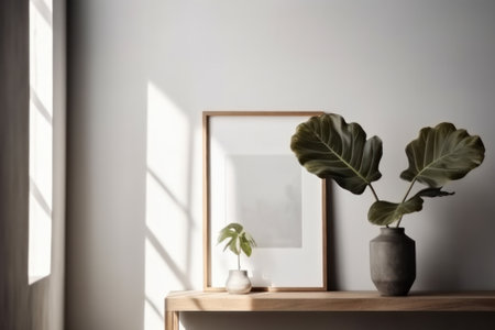 Stylish room interior with plant in vase, photo frame and window on wooden shelfの素材