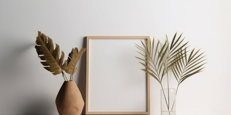 Mock up frame with palm leaves in vase on white wallの素材