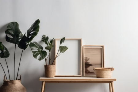 Wooden shelf with photo frames and plant in pot on white wallの素材