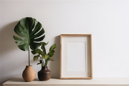 Modern scandinavian interior with mock up photo frame, plant in a vase and monstera leaf on wooden shelf.の素材