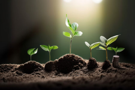 Young plant growing in soil on dark background, Business investment growth conceptの素材