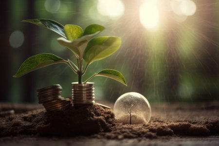 Light bulb and plant growing on coins. Energy saving and financial growth concept.の素材