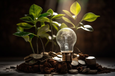 Energy saving light bulb with plant growing out of coins on dark backgroundの素材