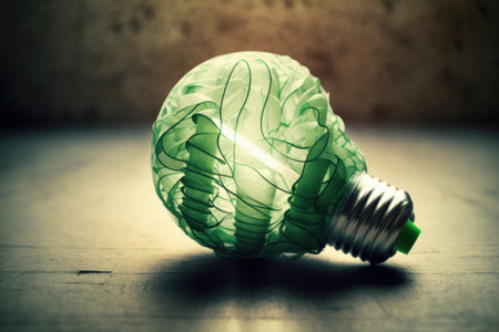 Green lightbulb on wooden floor with grunge wall background.の素材