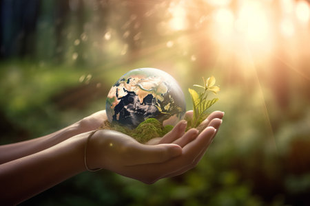 Globe in human hands, save the earth concept, nature backgroundの素材