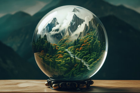 crystal ball with nature landscape on wooden table. vintage filtered.の素材