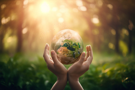 Globe in the hands of a child. Save the planet conceptの素材
