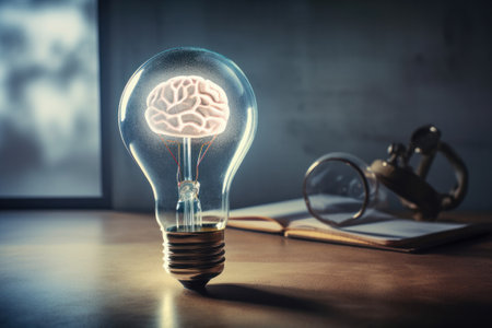 Brain inside a light bulb on a desk with a book and a lampの素材