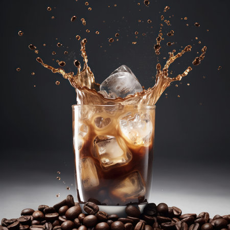 Coffee splash in glass with ice cubes and coffee beans on dark backgroundの素材