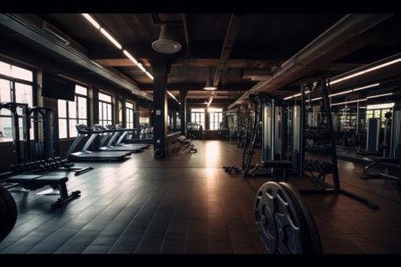 Interior of a fitness hall with sports equipment. Toned.の素材