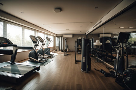 Interior view of a fitness hall with exercise machines and equipment.の素材