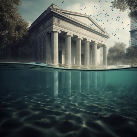 Collapsing financial systems, banking crises, recession, bank runs, interest rates increase, inflation, unemployment, stagnation, bankruptcy, insolvency, image with destroyed bankの素材