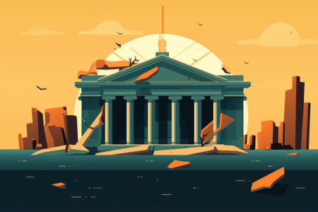 Illustration of collapsing financial systems, banking crises, recession, bank runs, interest rates increase, inflation, unemployment, stagnation, bankruptcy, insolvencyの素材