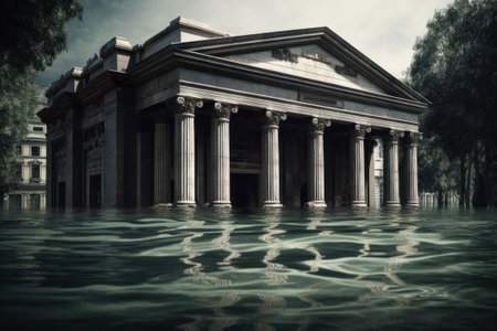 Collapsing financial systems, banking crises, recession, bank runs, interest rates increase, inflation, unemployment, stagnation, bankruptcy, insolvency, image with destroyed bankの素材