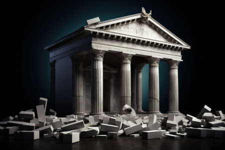 Collapsing financial systems, banking crises, recession, bank runs, interest rates increase, inflation, unemployment, stagnation, bankruptcy, insolvency, image with destroyed bankの素材