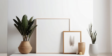 Modern scandinavian interior with mock up poster frame, plant and decorations. 3d renderの素材