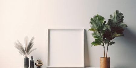 Blank picture frame mockup in room with plant. 3d renderingの素材