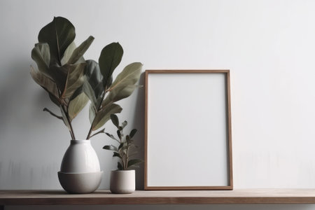 Wooden frame mockup with ficus in vase on shelfの素材