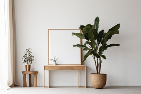 Interior of modern living room with white walls, wooden table and plant in potの素材