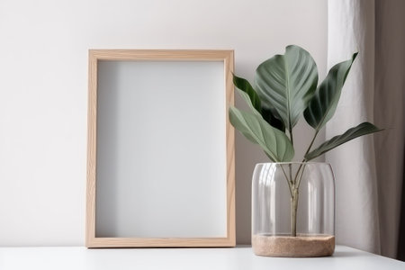Wooden frame mockup with green plant in vase on white tableの素材