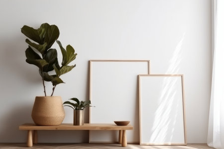 Modern scandinavian living room interior with wooden shelf, plant and two frames mockup. 3d renderingの素材