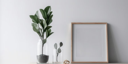 Modern scandinavian interior with mock up poster frame, plant in glass vase, silverware and accessories on white wall.の素材