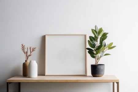 Mock up poster frame on wooden shelf with plant in vaseの素材
