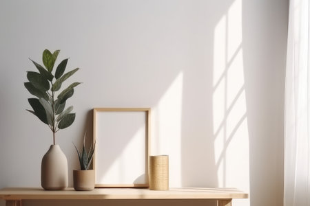 Interior of living room with empty frame, plant in vase and window. Mock up, 3D Renderingの素材