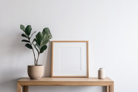 Modern scandinavian interior with frame mockup, plant in vase and copy space on wooden table.の素材