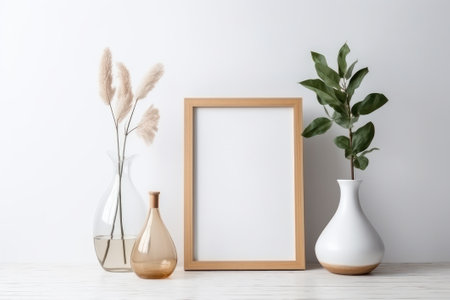 Mock up frame and vase with pampas grass on white wall backgroundの素材