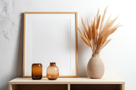 Mock up frame, vase and dry pampas grass on wooden shelf in front of white wallの素材