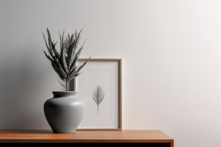 Modern interior design mockup. Gray vase with plant on wooden table and white wall background.の素材