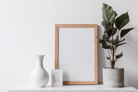 Mock up frame on white shelf with vase and plant.の素材